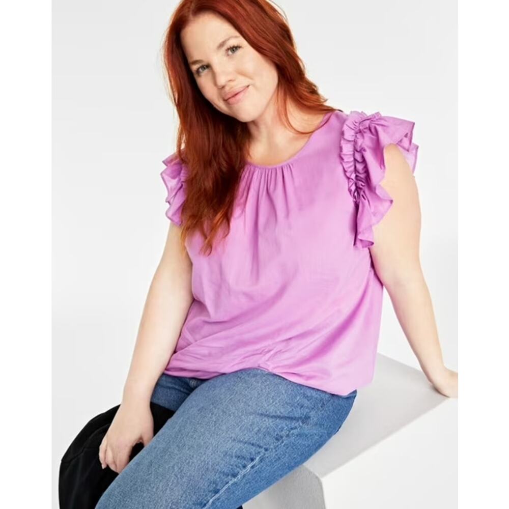 ON 34TH Flutter Sleeve Blouse Purple Opal Round Neck Woven Women's XS